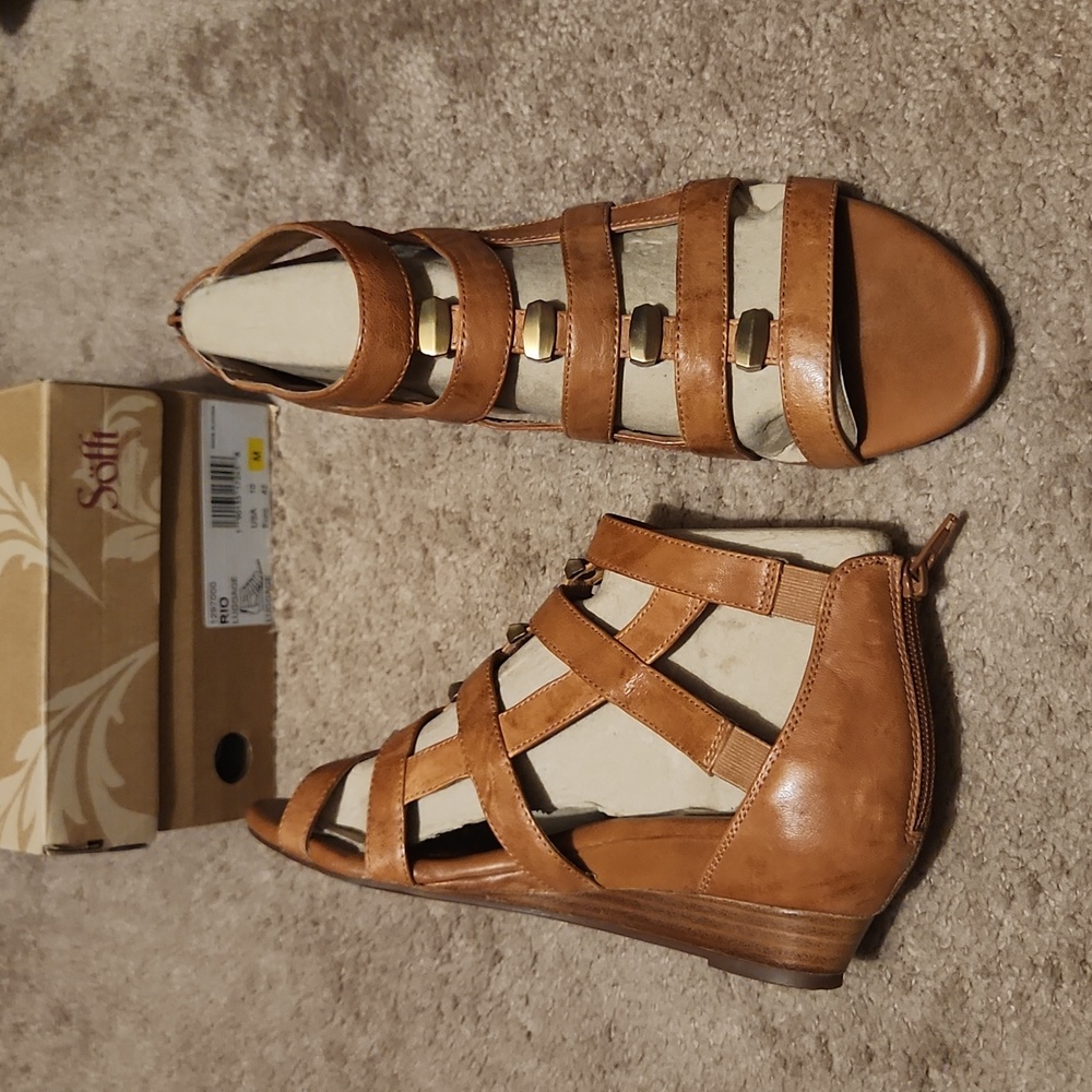 New. Sofft. Strappy leather wedge sandals Sz 10. Color Luggage.